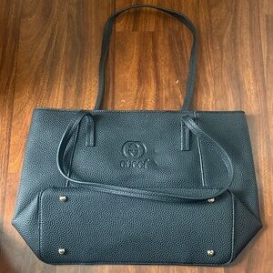 Gucci Black Pebbled Leather Tote with Embossed Logo and Gold Accents
